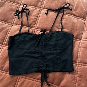 Skylar + Madison Black Linen Corset Crop Top with Tie Straps and Ruched Front